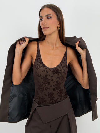 Body Marrone in Fantasia Floreale Effetto Velluto