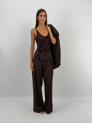 Body Marrone in Fantasia Floreale Effetto Velluto