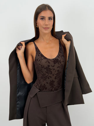 Body Marrone in Fantasia Floreale Effetto Velluto