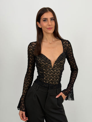 Body con Arricciature e Pizzo Nero