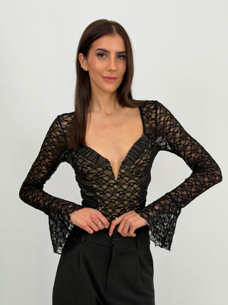 Body con Arricciature e Pizzo Nero