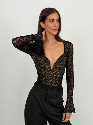 Body con Arricciature e Pizzo Nero