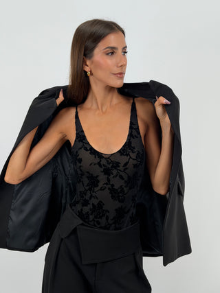 Body Nero in Fantasia Floreale Effetto Velluto