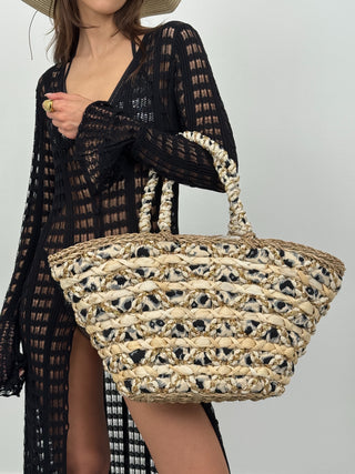 Borsa Intrecciata con Inserti in Tessuto