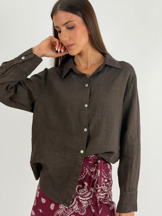 Camicia in Lino Marrone - Camicia marrone in 100% lino, con colletto e chiusura con bottoni frontali. | Paloma Store