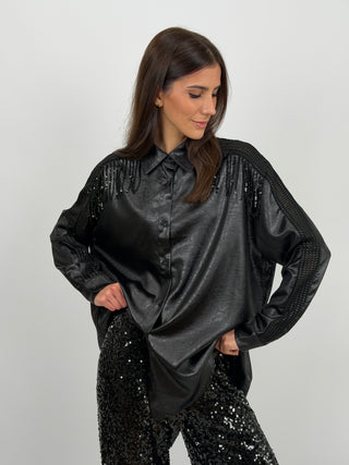 Camicia Satin Nera con Applicazioni
