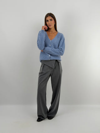 Cardigan Scollo a V in Lana e Cashmere Azzurro Polvere