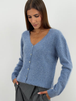 Cardigan Scollo a V in Lana e Cashmere Azzurro Polvere