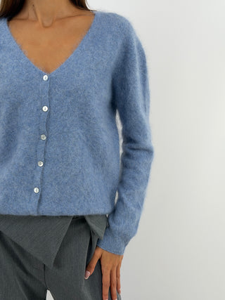 Cardigan Scollo a V in Lana e Cashmere Azzurro Polvere