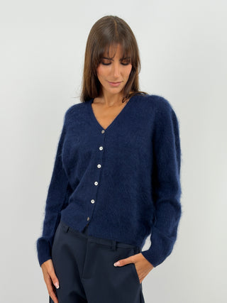 Cardigan Scollo a V in Lana e Cashmere Blu