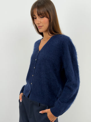 Cardigan Scollo a V in Lana e Cashmere Blu