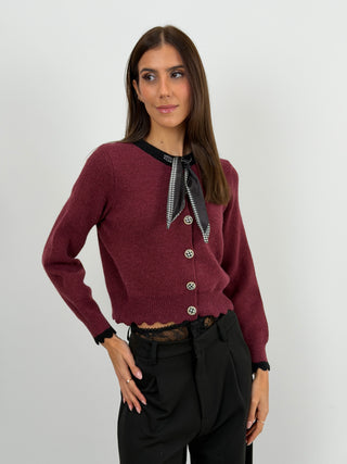 Cardigan Bordeaux con Fiocco Pied De Poule