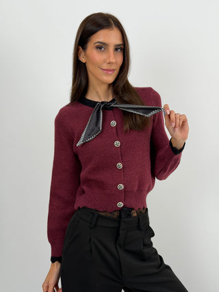 Cardigan Bordeaux con Fiocco Pied De Poule