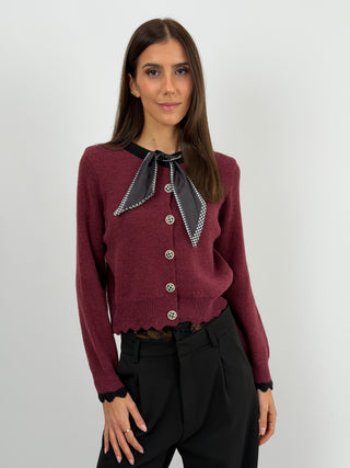 Cardigan Bordeaux con Fiocco Pied De Poule
