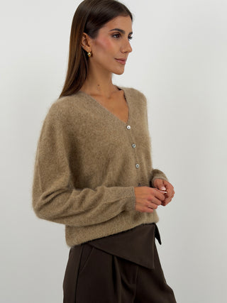 Cardigan Scollo a V in Lana e Cashmere Cammello