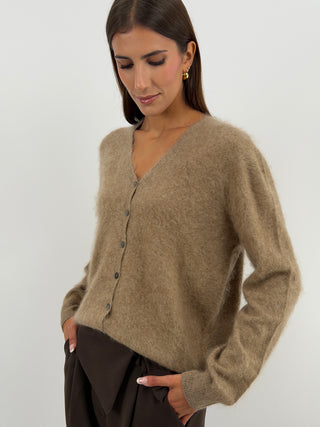 Cardigan Scollo a V in Lana e Cashmere Cammello
