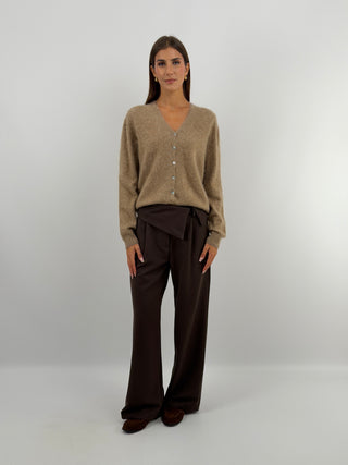 Cardigan Scollo a V in Lana e Cashmere Cammello