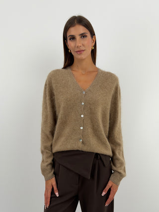 Cardigan Scollo a V in Lana e Cashmere Cammello