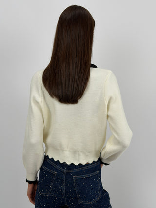 Cardigan Crema con Fiocco Pied De Poule