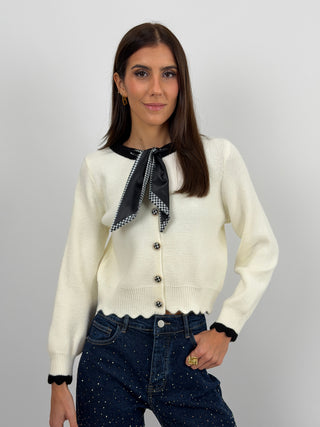 Cardigan Crema con Fiocco Pied De Poule