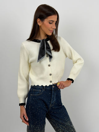 Cardigan Crema con Fiocco Pied De Poule
