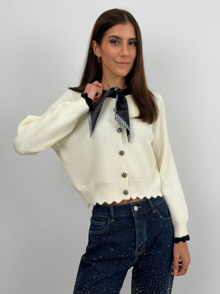 Cardigan Crema con Fiocco Pied De Poule