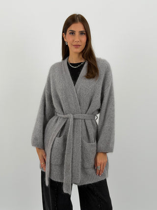 Cardigan in Mohair con Cintura Grigio