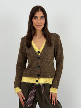 Cardigan Marrone con Doppio Layer Giallo