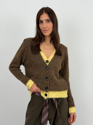 Cardigan Marrone con Doppio Layer Giallo