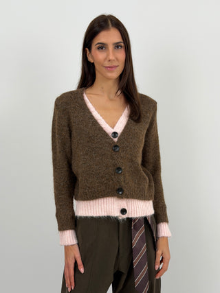Cardigan Marrone con Doppio Layer Rosa