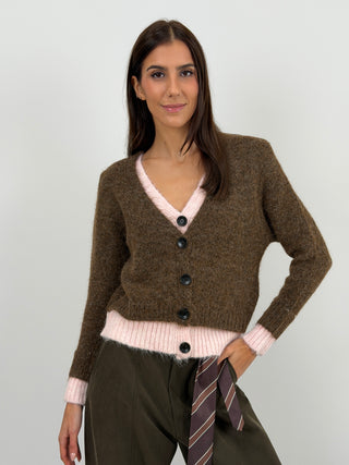 Cardigan Marrone con Doppio Layer Rosa