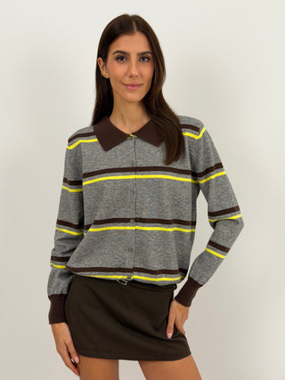 Cardigan Grigio con Righe e Colletto