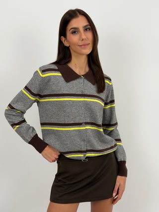Cardigan Grigio con Righe e Colletto