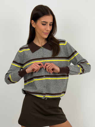 Cardigan Grigio con Righe e Colletto