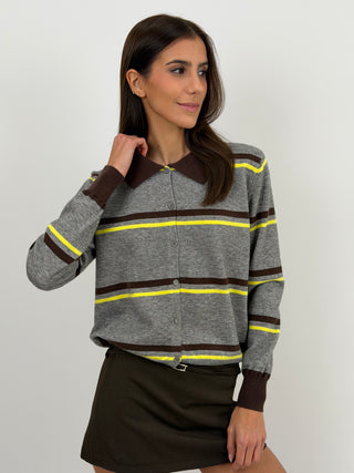 Cardigan Grigio con Righe e Colletto