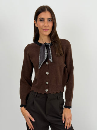 Cardigan Marrone con Fiocco Pied De Poule