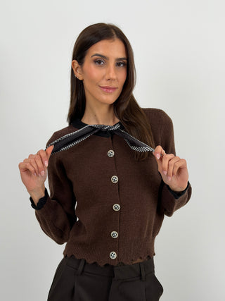 Cardigan Marrone con Fiocco Pied De Poule