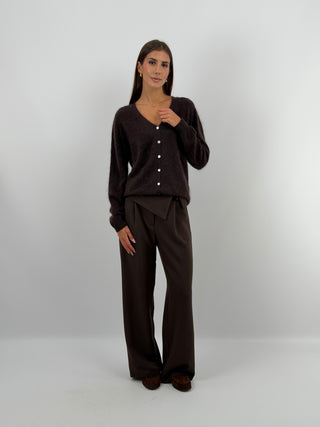 Cardigan Scollo a V in Lana e Cashmere Marrone