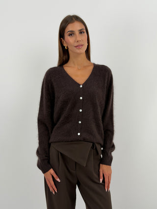 Cardigan Scollo a V in Lana e Cashmere Marrone