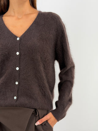 Cardigan Scollo a V in Lana e Cashmere Marrone