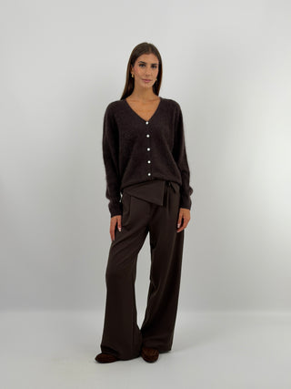 Cardigan Scollo a V in Lana e Cashmere Marrone