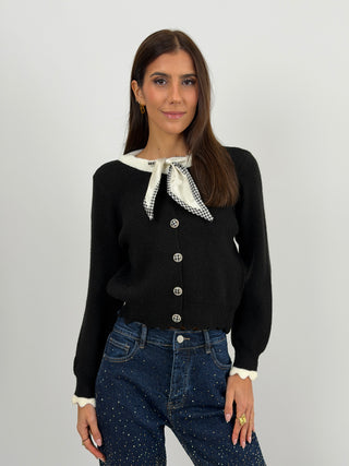 Cardigan Nero con Fiocco Pied De Poule