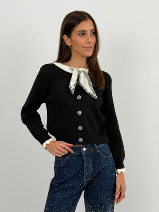 Cardigan Nero con Fiocco Pied De Poule