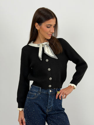 Cardigan Nero con Fiocco Pied De Poule