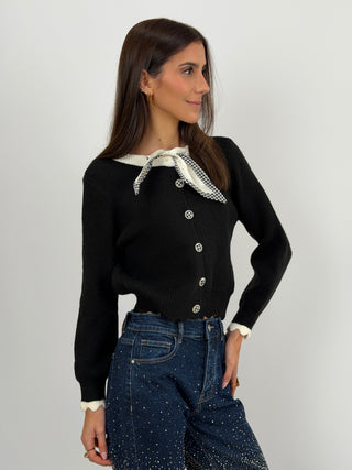 Cardigan Nero con Fiocco Pied De Poule