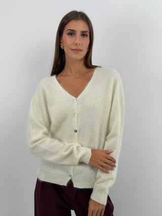 Cardigan Scollo a V in Lana e Cashmere Panna