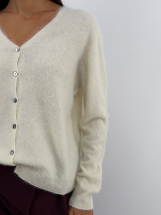 Cardigan Scollo a V in Lana e Cashmere Panna
