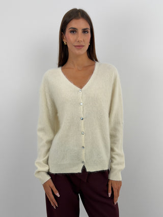 Cardigan Scollo a V in Lana e Cashmere Panna