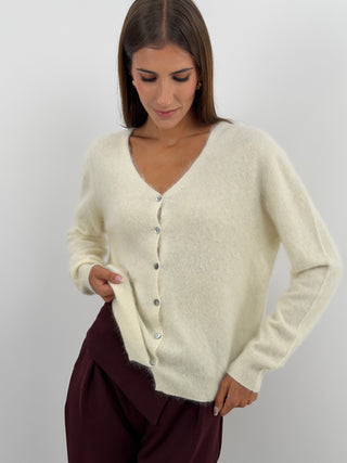 Cardigan Scollo a V in Lana e Cashmere Panna