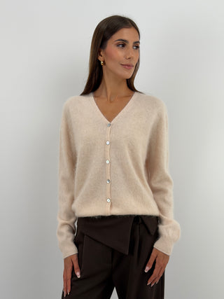 Cardigan Scollo a V in Lana e Cashmere Rosa Cipria